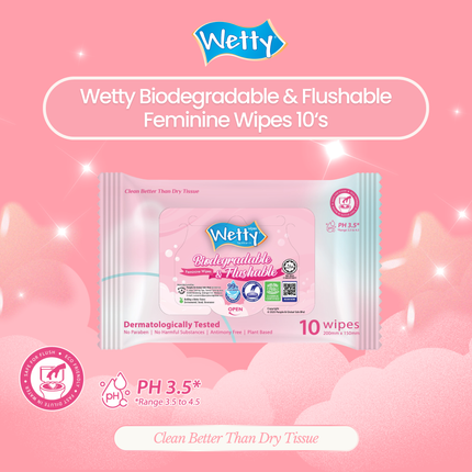 Wetty Biodegradable & Flushable Feminine Toilet Wet Tissue 10's