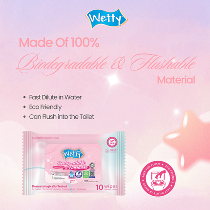 Wetty Biodegradable & Flushable Feminine Toilet Wet Tissue 10's