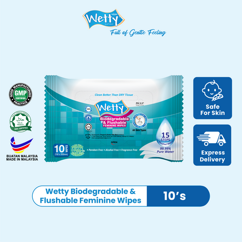 Wetty Biodegradable & Flushable Feminine Toilet Wet Tissue (1 x 10's)