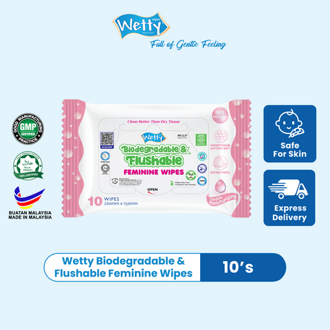 Wetty Biodegradable & Flushable Feminine Toilet Wet Tissue (1 x 10's)