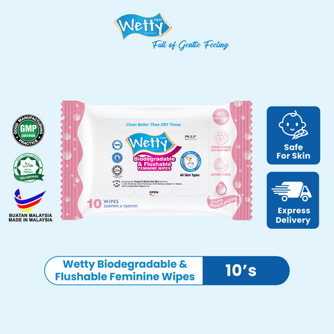 Wetty Biodegradable & Flushable Feminine Toilet Wet Tissue (1 x 10's)