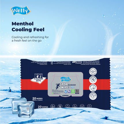 Wetty Sport Fragrance Free Menthol Cooling Feel Wipes Wet Tissue Tisu Basah (20's x 10 packs)
