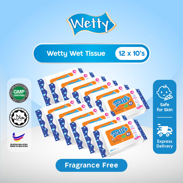 Wetty Wet Wipes Fragrance Free Thick Wet Tissue Tisu Basah Tebal Tisu Basah Baby Wipes (12 x 10’s)