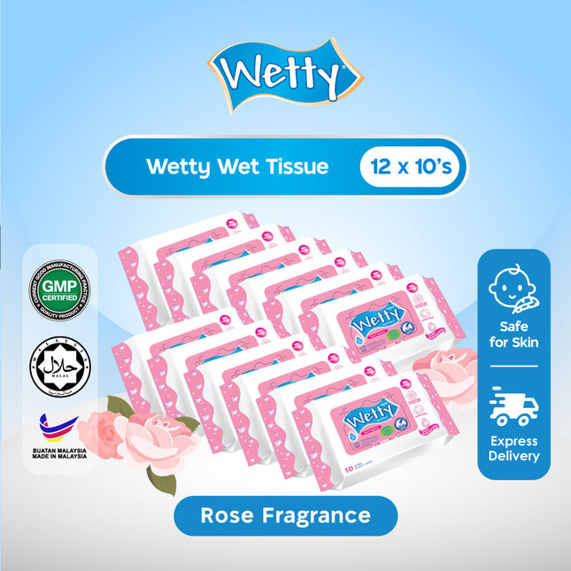 Wetty Wet Wipes Rose Fragrance Thick Wet Tissue Tisu Basah Tebal Tisu Basah Baby Wipes (12 x 10’s)