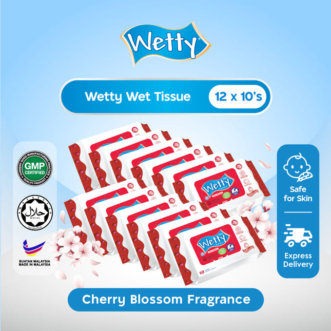 Wetty Wet Wipes Cherry Blossom Fragrance Thick Wet Tissue Tisu Basah Tebal Tisu Basah Baby Wipes (12 x 10’s)