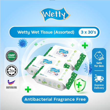 Wetty Wet Tissue Antibacterial Fragrance Free/Fragrance/Rose/Lavender Baby Wipes Tisu Basah Extra Thick (3 x 30's)