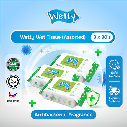 Wetty Wet Tissue Antibacterial Fragrance Free/Fragrance/Rose/Lavender Baby Wipes Tisu Basah Extra Thick (3 x 30's)