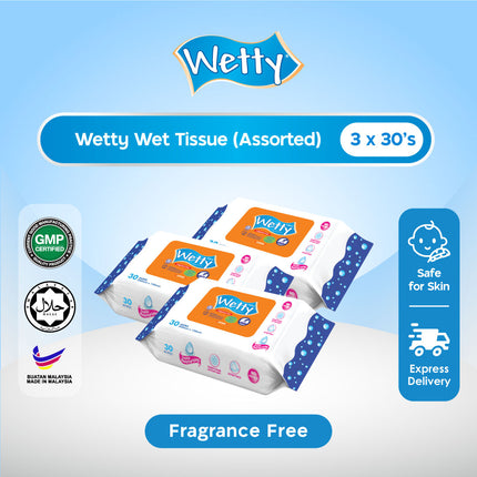 Wetty Wet Tissue Antibacterial Fragrance Free/Fragrance/Rose/Lavender Baby Wipes Tisu Basah Extra Thick (3 x 30's)