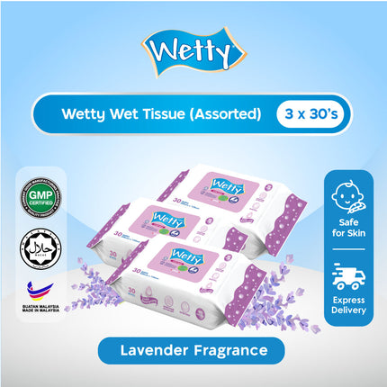 Wetty Wet Tissue Antibacterial Fragrance Free/Fragrance/Rose/Lavender Baby Wipes Tisu Basah Extra Thick (3 x 30's)