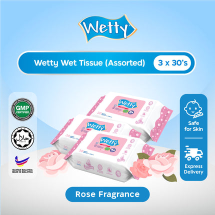 Wetty Wet Tissue Antibacterial Fragrance Free/Fragrance/Rose/Lavender Baby Wipes Tisu Basah Extra Thick (3 x 30's)