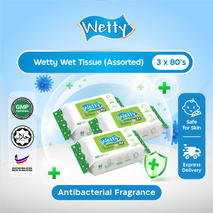 Wetty Wet Tissue Wet Wipes Tisu Basah Tebal Baby Wipes 濕紙巾 (3 Pack x 80's)