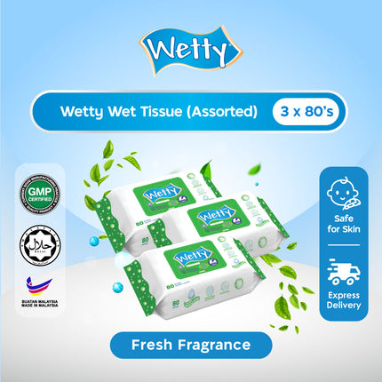 Wetty Wet Tissue Wet Wipes Tisu Basah Tebal Baby Wipes 濕紙巾 (3 Pack x 80's)
