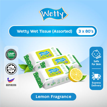 Wetty Wet Tissue Wet Wipes Tisu Basah Tebal Baby Wipes 濕紙巾 (3 Pack x 80's)