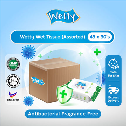 Wetty Wet Antibacterial Fragrance / Fragrance Free Tissue Wet Wipes Wet Tissue Tisu Basah (48 Pack x 30's/Carton)