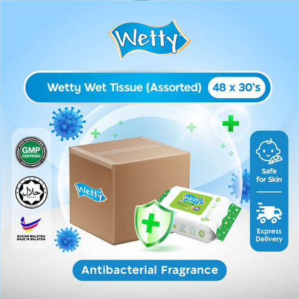 Wetty Wet Antibacterial Fragrance / Fragrance Free Tissue Wet Wipes Wet Tissue Tisu Basah (48 Pack x 30's/Carton)