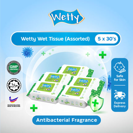 Wetty Antibacterial Fragrance Free Rose Lavender Fragrance Wet Tissue Wet Wipes Tisu Basah Baby Wipes (5 Pack x 30's)