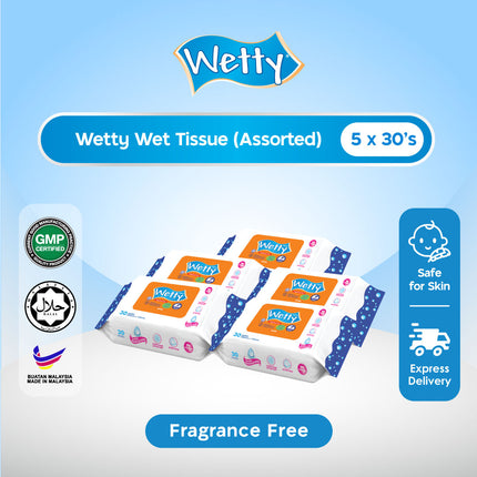 Wetty Antibacterial Fragrance Free Rose Lavender Fragrance Wet Tissue Wet Wipes Tisu Basah Baby Wipes (5 Pack x 30's)