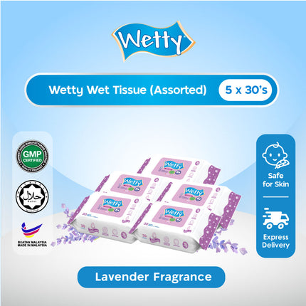 Wetty Antibacterial Fragrance Free Rose Lavender Fragrance Wet Tissue Wet Wipes Tisu Basah Baby Wipes (5 Pack x 30's)