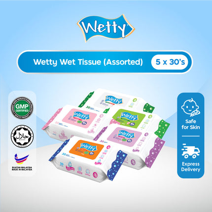 Wetty Antibacterial Fragrance Free Rose Lavender Fragrance Wet Tissue Wet Wipes Tisu Basah Baby Wipes (5 Pack x 30's)
