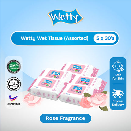 Wetty Antibacterial Fragrance Free Rose Lavender Fragrance Wet Tissue Wet Wipes Tisu Basah Baby Wipes (5 Pack x 30's)
