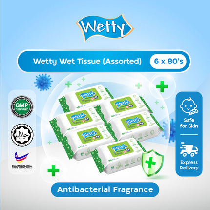Wetty Antibacterial Wet Tissue with Fragrance / Antibacterial Fragrance Free Tuala Basah Harum Halal (6 x 80's)