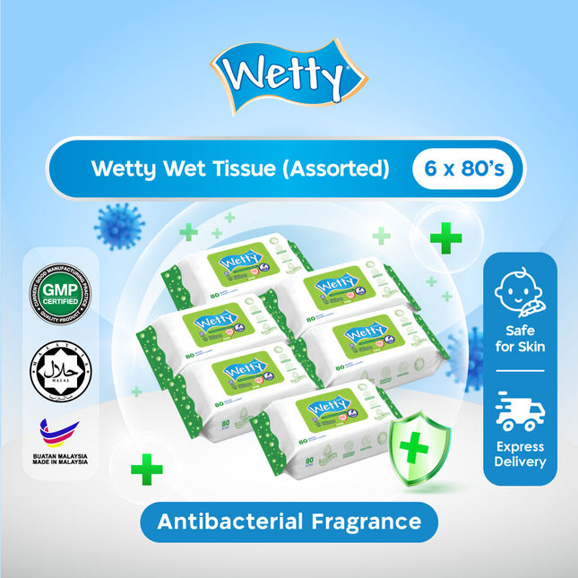 Wetty Antibacterial Wet Tissue with Fragrance / Antibacterial Fragrance Free Tuala Basah Harum Halal (6 x 80's)