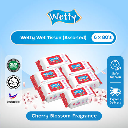Wetty Wet Tissue Cherry Blossom Fragrance Wipes Tuala Basah Tebal Tanpa Bau Tisu Basah Baby Wipes (6 Pack x 80's)