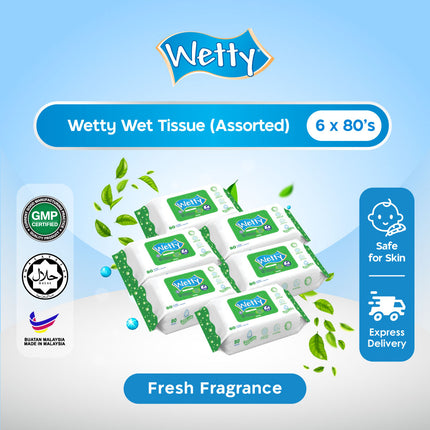 Wetty Wet Tissue Fresh Fragrance Wipes Tisu Basah Baby Wipes (6 Pack x 80's)