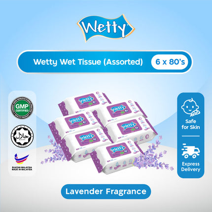 Wetty Wet Tissue Lavender Fragrance Wipes Tisu Basah Baby Wipes (6 Pack x 80's)