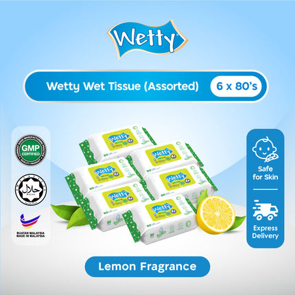 Wetty Wet Tissue Nice Lemon Fragrance Wipes Tisu Basah Baby Wipes (6 Pack x 80's)
