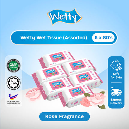 Wetty Wet Tissue Rose Fragrance Wipes Tisu Basah Baby Wipes (6 Pack x 80's)