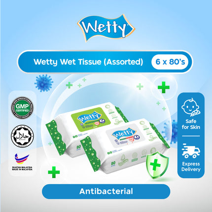 Wetty Antibacterial Wet Tissue with Fragrance / Antibacterial Fragrance Free Tuala Basah Harum Halal (6 x 80's)