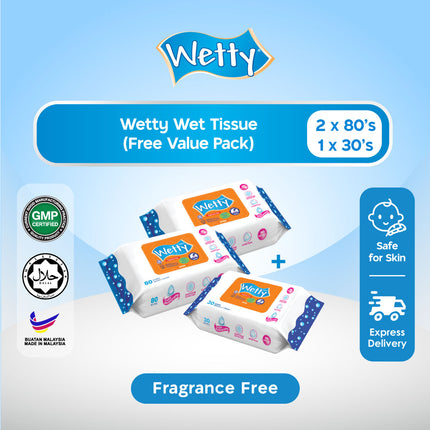 Wetty Wet Tissue Fragrance Free Value Pack ( 2pack x 80's + 1pack x 30's) Baby Wipes Thick Wipes Tuala Basah Tebal