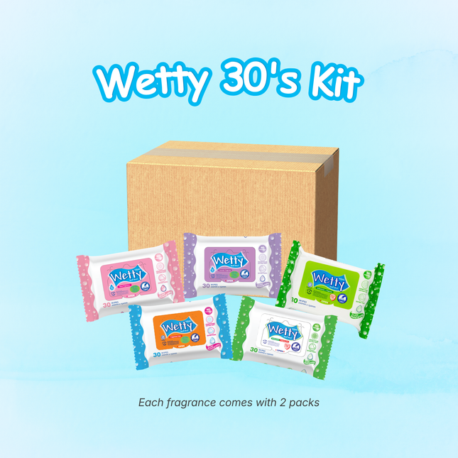 Wetty 30's Kit - Fragrance Free /Rose / Lavender/ Antibacterial Baby Wipes Extra Thick Halal Tisu Basah Baby Wipes 濕紙巾