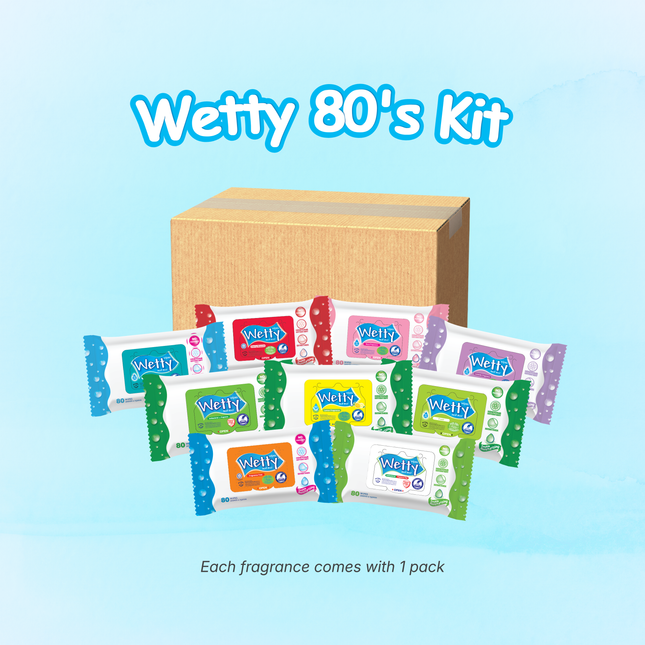 Wetty 80's Kit - Fragrance Free /Rose / Lavender/ Seabreeze/ Fresh/ Lemon/ Cherry Blossom/ Antibacterial Baby Wipes Extra Thick Halal Tisu Basah Baby Wipes 濕紙巾