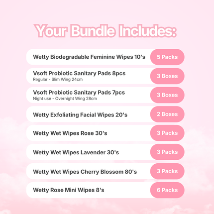 Wetty Feminine Kit | Feminine Hygiene Bundle | Sanitary Pads, Wet Wipes & Facial Wipes | Women's Essentials Malaysia