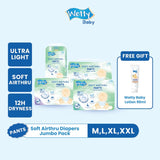 Wetty Baby Soft Airthru Baby Diapers Pants M50/L44/XL38/XXL32 (1 bag) Ultra light , 12H Dryness