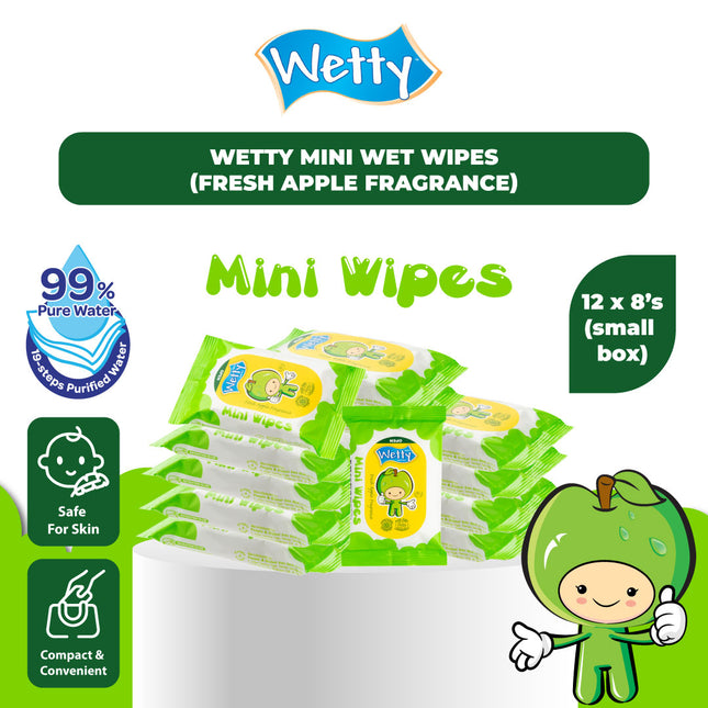 Wetty Mini Cute Wet Wipes Apple Fragrance Tuala Basah Mini Haruman Epal Wet Tissue Tisu Basah (12 X 8'S 1 Small Box)