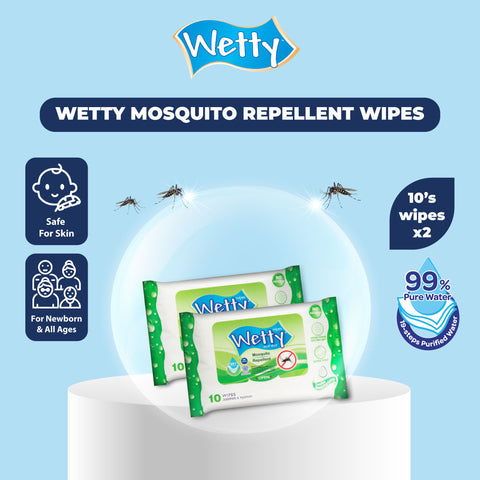Wetty Mosquito Repellent Wet Wipes Anti Mosquito Wet Tissue Tisu Basah Anti Nyamuk 10's x 2 Pack