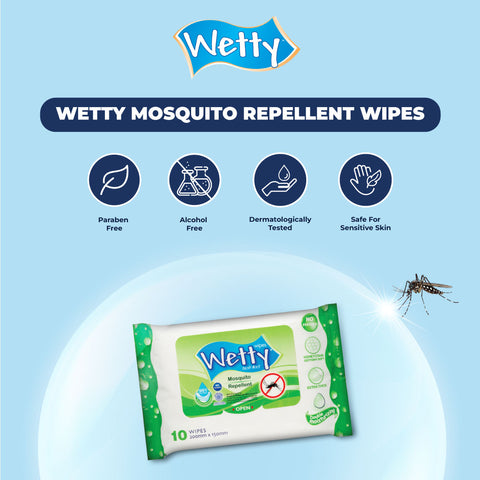 Wetty Mosquito Repellent Wet Wipes Anti Mosquito Wet Tissue Tisu Basah Anti Nyamuk 10's x 2 Pack