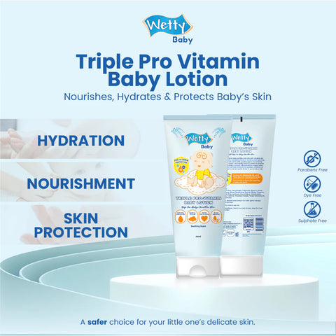 [COMBO] Wetty Baby Triple Pro Vitamin Baby Lotion (90ml) + Head To Toe Baby Wash (750ml) + Liquid Cleanser (750ml)