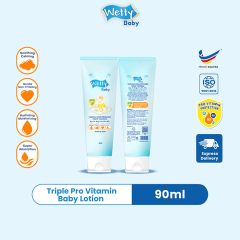 [COMBO] Wetty Baby Triple Pro Vitamin Baby Lotion (90ml) + Head To Toe Baby Wash (750ml) + Liquid Cleanser (750ml)