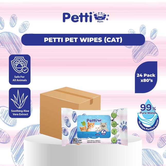 Petti Dog Cat Pet Wipes Extra Thick Wet Tissue Tuala Basah Tebal Tisu Basah Anjing Kucing (80's x 24 Bag) 1 Carton