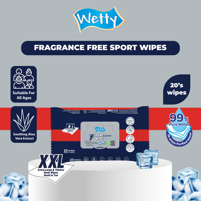 Wetty Sport Fragrance Free Menthol Cooling Feel Wipes Wet Tissue Tisu Basah (20's)