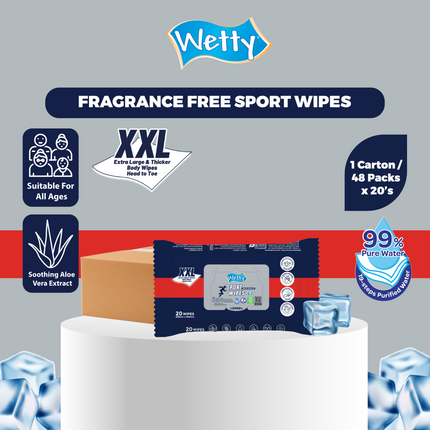 Wetty Sport Fragrance Free Menthol Cooling Feel Wipes Wet Tissue Tisu Basah (20's x 48 packs / 1 carton)
