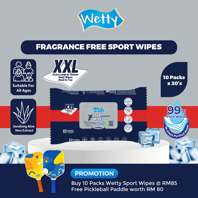 Wetty Sport Fragrance Free Menthol Cooling Feel Wipes Wet Tissue Tisu Basah (20's x 10 packs)