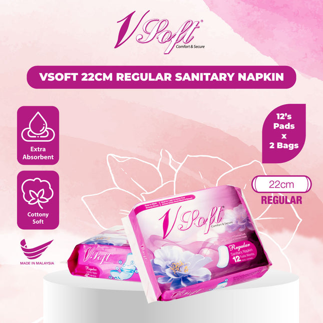 VSOFT 22cm Regular Sanitary Napkin Extra Absorbent cottony soft Unscented Feminine Care Protection Easy to wash (12's)