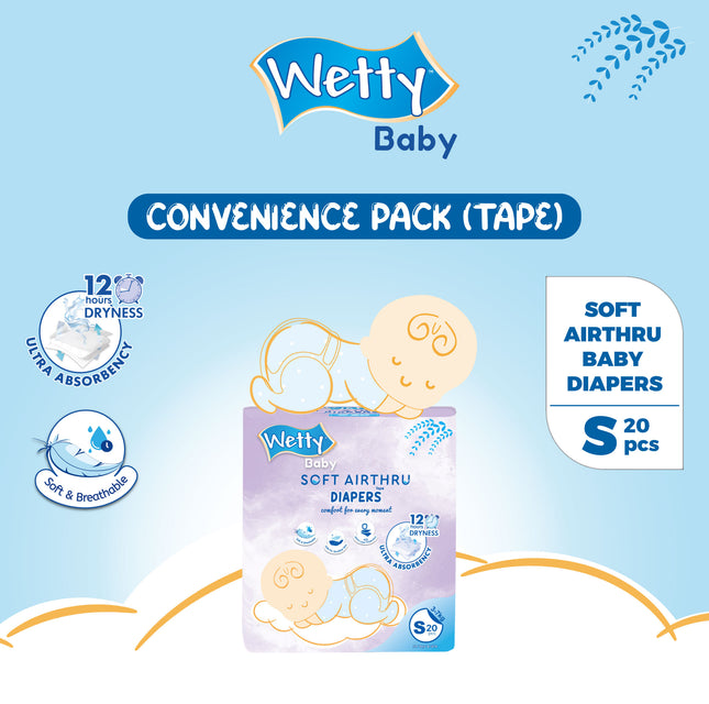 Wetty Baby Soft Airthru Baby Diapers Convenience Pack Tape S20/M18/L16/XL14 (1 bag/Carton) Ultra light , 12H Dryness