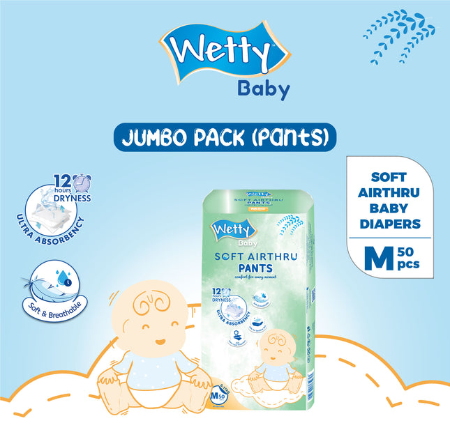 Wetty Baby Soft Airthru Baby Diapers Pants M50/L44/XL38/XXL32 (1 bag/Carton) Ultra light , 12H Dryness