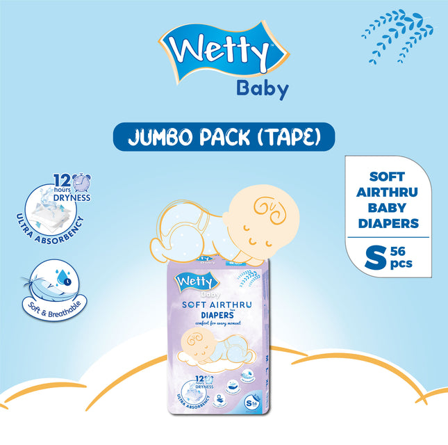 Wetty Baby Soft Airthru Baby Diapers Tape S56/M50/L46/XL40(1 bag/Carton) Ultra light , 12H Dryness